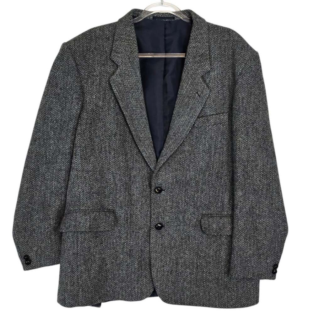 Vintage Harris Tweed Brook Taverner Blue Grey Wool Sport Coat Blazer 44R